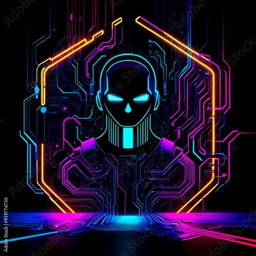 Cybersecurity concept featuring a digital padlock and abstract humanoid figure illuminated with neon colors, symbolizing online protection