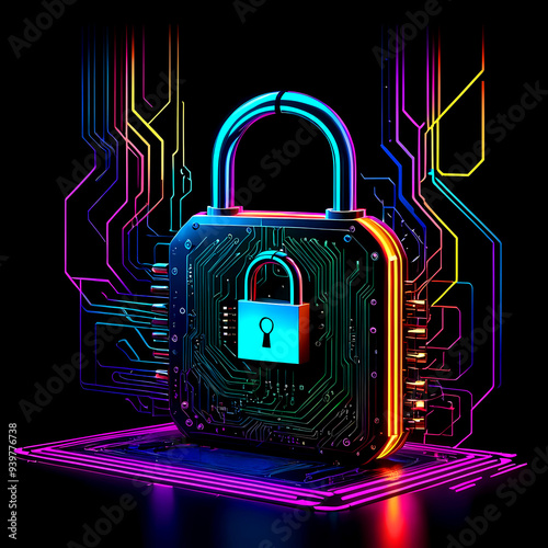 A colorful padlock symbolizing cybersecurity on a circuit board background at night