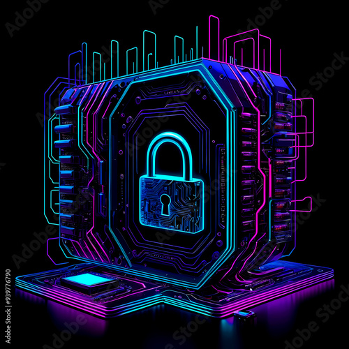 Cybersecurity technology with a glowing padlock design in a modern digital landscape at night