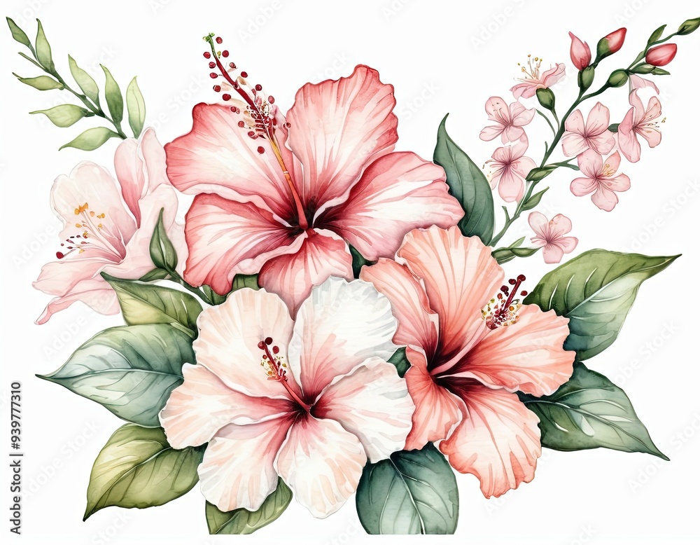 Watercolor painting of pink and white hibiscus flowers with green leaves. Watercolor painting of pink and white hibiscus flowers with green leaves.