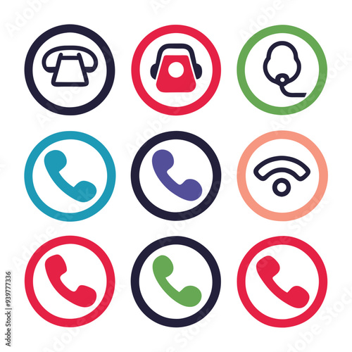 Set of Simple Call Icons Vector Illustrations Featuring Different Styles of Phone Symbols on a White Background, Clean Minimalistic Design Perfect for Communication and App Interface Design