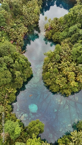 Beautiful tropical lake with crystal clear water and palm trees, Danau Paisu Pok in Luk Panenteng, Indonesia; Danau Paisu Pok Luk Panenteng, Banggai, Sulawesi Tengah, Indonesia