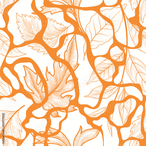 Floral leaves autumnal seamless pattern. Flowing organic shape foliage texture. Flourish nature garden drawing. Fall leaves Seasonal Nature background.