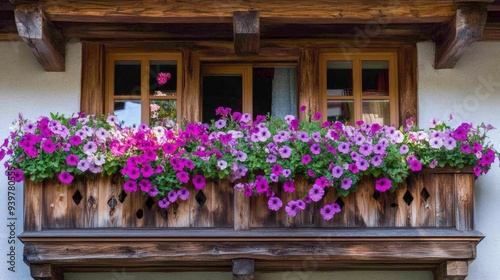 Traditional petunia and surfinia flower arrangements adorn the balcony of a traditional Tirolean home. photo