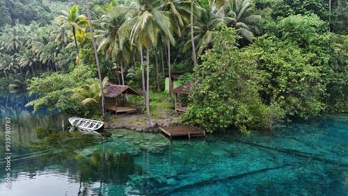 Tableau sur toile Beautiful tropical lake with crystal clear water and palm trees, Danau Paisu Pok