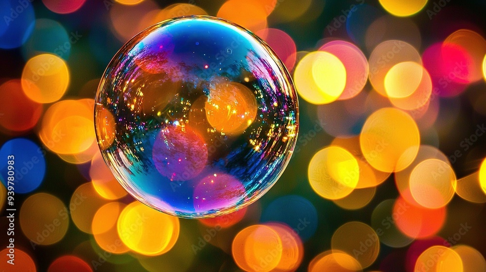   A close-up of a soap bubble in front of a colorful boke of lights in the background
