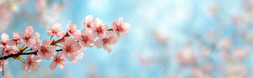 cherry blossom branch gently arched over a soft sky blue background, with a minimalist design and room for copy cherry blossom branch gently arched over a soft sky blue background, with a minimalist design and room for copy