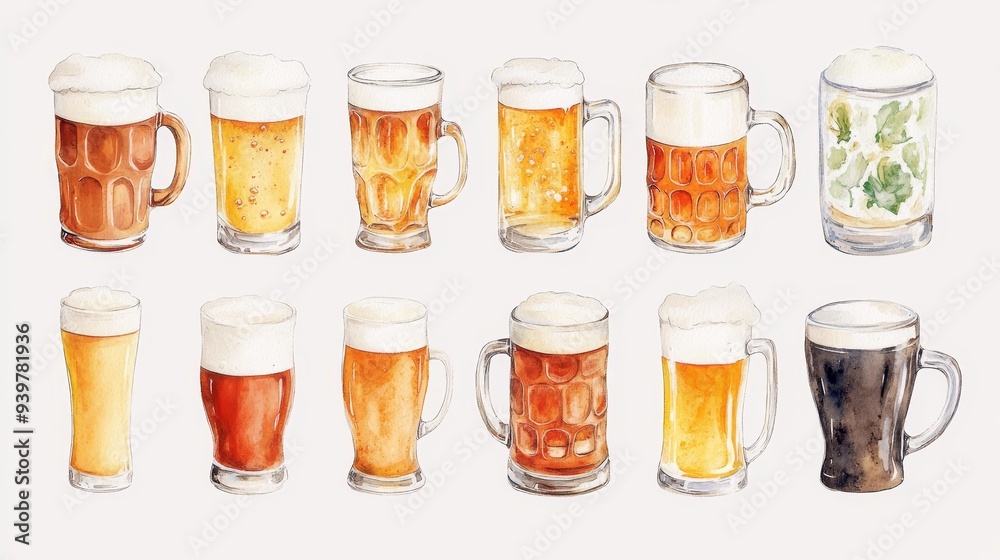 Beer mugs collection. White background. Watercolor illustrations set Beer mugs collection. White background. Watercolor illustrations set