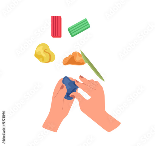 Human hands making shapes at plasticine modeling craft lesson isolated on white background