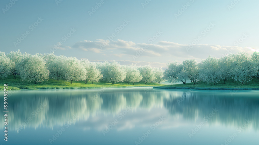 Fototapeta premium Tranquil scene of snowy trees reflected on a serene river under a clear blue sky, capturing the essence of winter's peaceful beauty