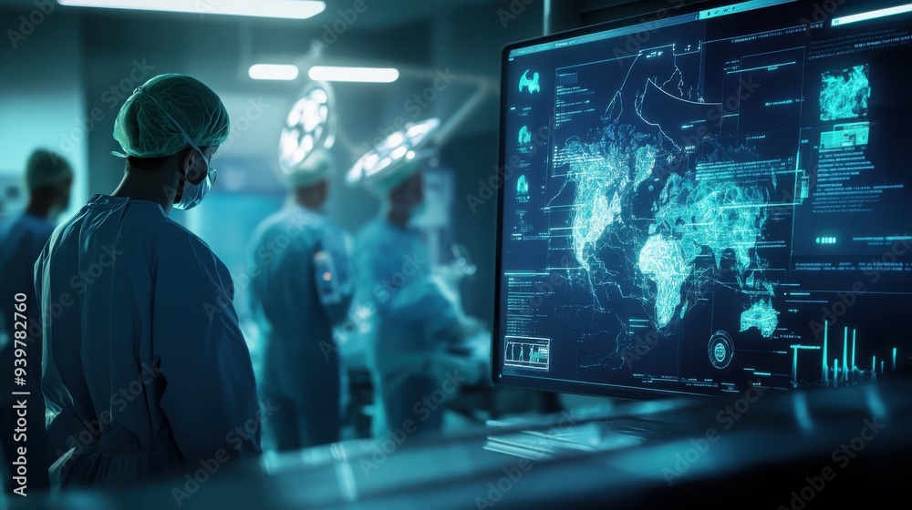 Medical professionals in a futuristic operating room monitor a digital world map with real-time data and analytics during a high-tech surgical procedure.
Medical professionals in a futuristic operating room monitor a digital world map with real-time data and analytics during a high-tech surgical procedure.