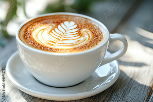 White cap of cappuccino with milk foam on wood table background.. Flat lay with black hot coffee mug. Coffee love minimal trendy concept. top view backdorp with copy space. photo