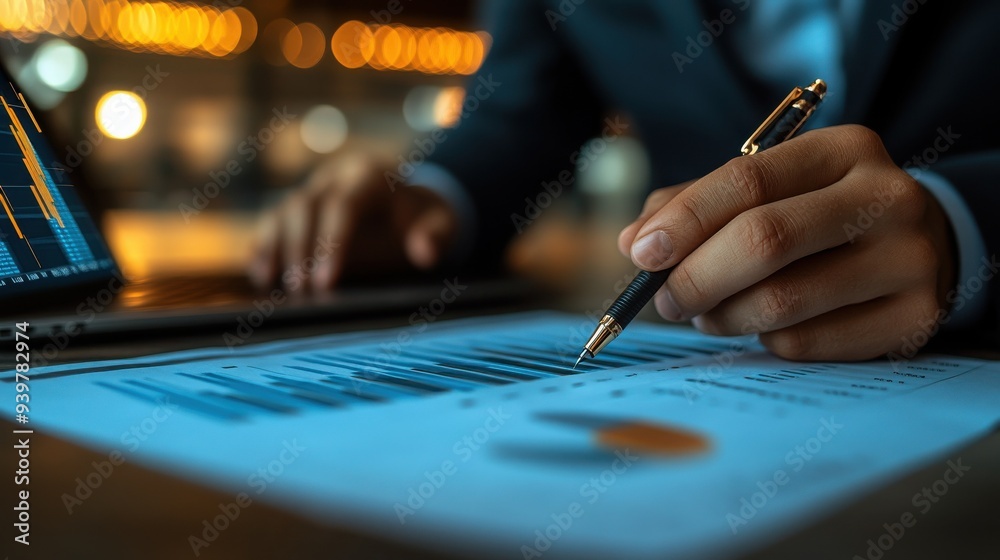 The image shows a close-up of a business professional analyzing data charts on a paper while using a laptop, with warm ambient lighting in the background.
The image shows a close-up of a business professional analyzing data charts on a paper while using a laptop, with warm ambient lighting in the background.