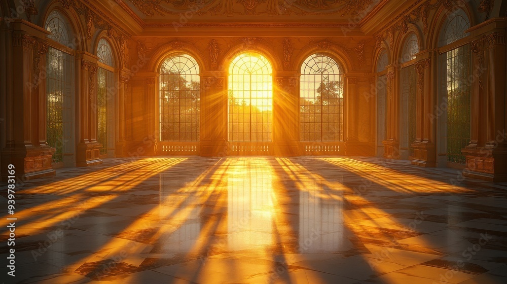 A luxurious palace hall with warm sunlight streaming through tall arched windows, casting long shadows across the polished marble floors.
A luxurious palace hall with warm sunlight streaming through tall arched windows, casting long shadows across the polished marble floors.