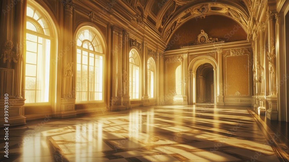 A grand, sunlit palace hall with arched windows and intricate gold details, casting soft, warm shadows across the elegant marble floors.

