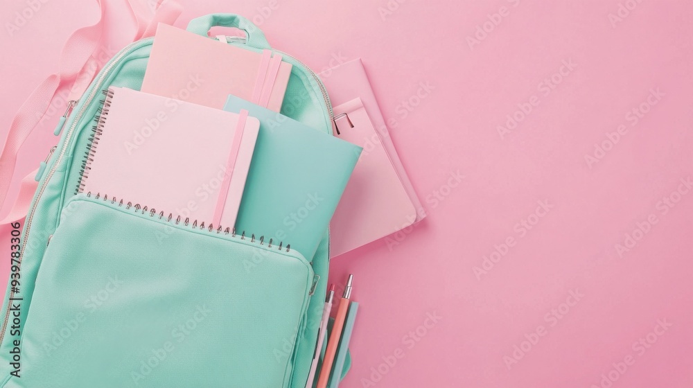 A pastel-themed top-down view of a mint green backpack filled with pink and green notebooks, pens, and supplies against a soft pink background.

