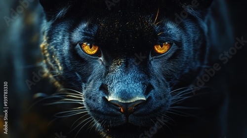 A striking close-up of a black panther with vivid golden eyes, showcasing intense focus and captivating detail in the fur.