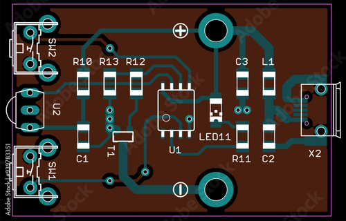 Vector printed circuit board of electronic 
device with components of radio elements, 
conductors and contact pads placed on pcb. 
Engineering technical drawing.