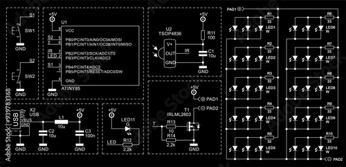 Schematic diagram of electronic device on sheet of paper. Vector drawing electrical circuit with 
integrated circuit, usb connector, light sensor,
capacitor, resistor, transistor, led,
microcontroller