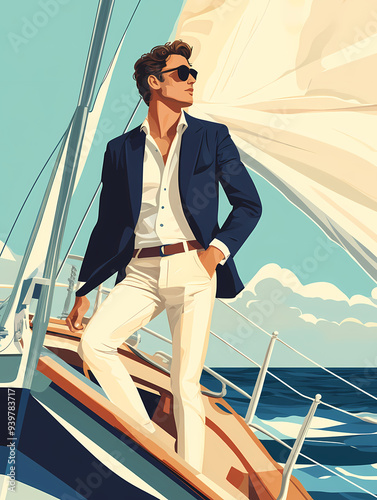 Vintage 70s Illustration of a Handsome Man Relaxing on a Yacht, Stylish Retro Artwork Capturing Luxury and Leisure on the Open Sea photo