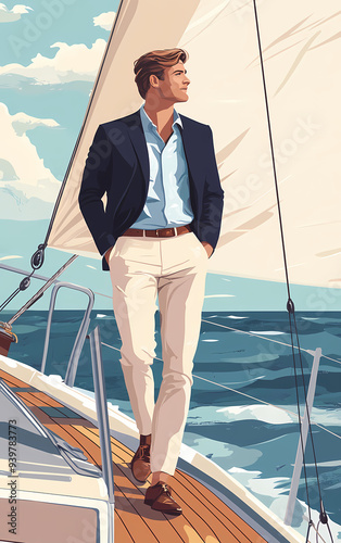 Vintage 70s Illustration of a Handsome Man Relaxing on a Yacht, Stylish Retro Artwork Capturing Luxury and Leisure on the Open Sea photo