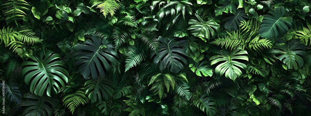 Fototapeta premium A wall of lush, verdant plants, including ferns and Monstera leaves, captured from above in high resolution