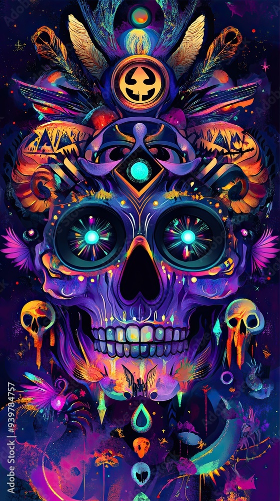 A colorful skull with a gold star on top. The skull is surrounded by a variety of colorful elements. A colorful skull with a gold star on top. The skull is surrounded by a variety of colorful elements.