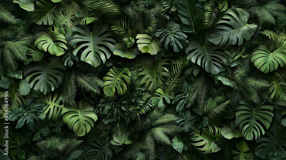 A wall of lush, verdant plants, including ferns and Monstera leaves, captured from above in high resolution A wall of lush, verdant plants, including ferns and Monstera leaves, captured from above in high resolution