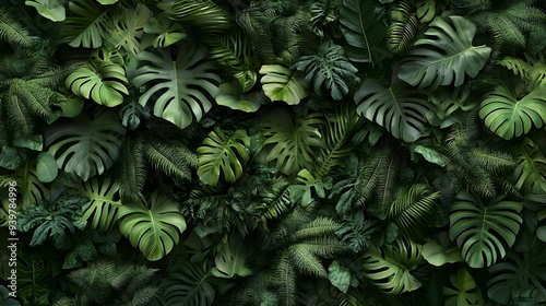 A wall of lush, verdant plants, including ferns and Monstera leaves, captured from above in high resolution