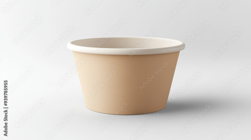 A realistic empty paper bowl or container is positioned alone on a plain white background. This is useful for product packaging design presentations and online advertising. A realistic empty paper bowl or container is positioned alone on a plain white background. This is useful for product packaging design presentations and online advertising.
