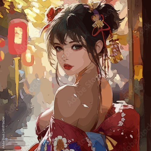 A beautifully illustrated anime girl in a traditional Japanese kimono, surrounded by vibrant cherry blossoms, exudes elegance and sensuality in a romantic, fantasy-inspired setting.