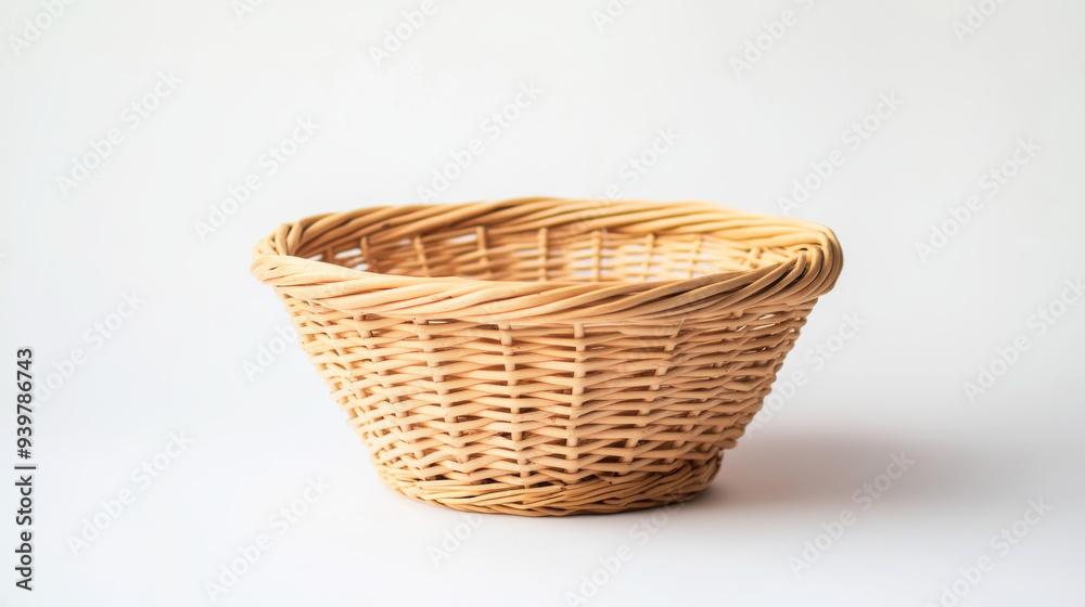 A woven basket made of wicker and empty, placed against a white backdrop. A woven basket made of wicker and empty, placed against a white backdrop.