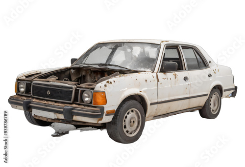 An abandoned rusted car isolated on white background with clipping path.