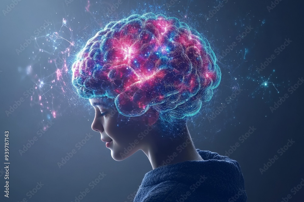 Silhouette of a young person with a glowing neural brain symbolizing the vibrant creativity and active thought in a bright dynamic environment Silhouette of a young person with a glowing neural brain symbolizing the vibrant creativity and active thought in a bright dynamic environment