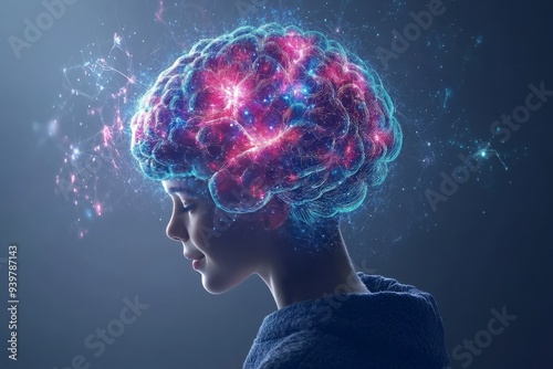 Silhouette of a young person with a glowing neural brain symbolizing the vibrant creativity and active thought in a bright dynamic environment