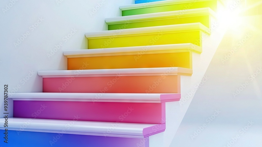 Brightly lit colorful stairs ascend, reaching staircase summit Brightly lit colorful stairs ascend, reaching staircase summit