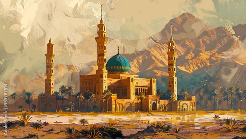 Charming Landscape Ancient Mosque Acrylic on Canvas Illustration Historic Architecture Islamic Architecture Mosque Dome Minarets Courtyard Archways Ornate Details Religious