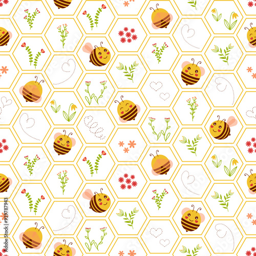 Cute Seamless Honey Bee and Rainbow Pattern Set