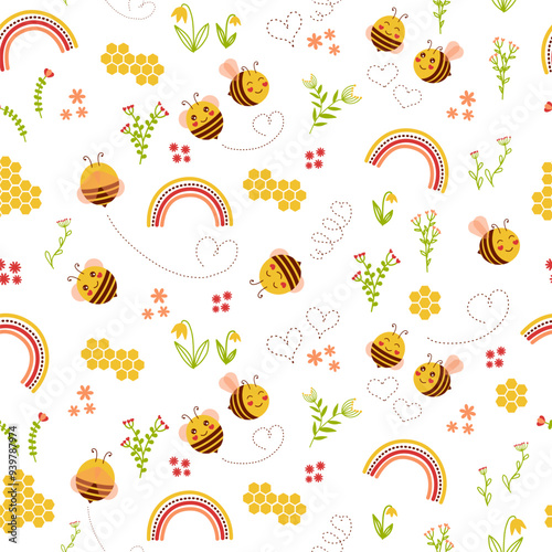 Cute Seamless Honey Bee and Rainbow Pattern Set