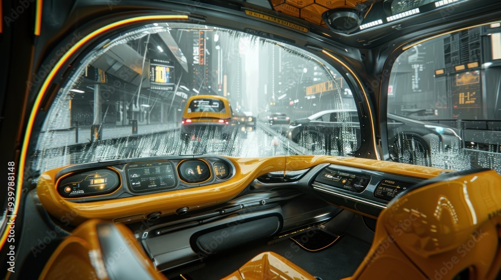 Fototapeta premium A futuristic taxi interior with modular seating, interactive touchscreens, and transparent OLED panels, highlighted by yellow ambient lighting.