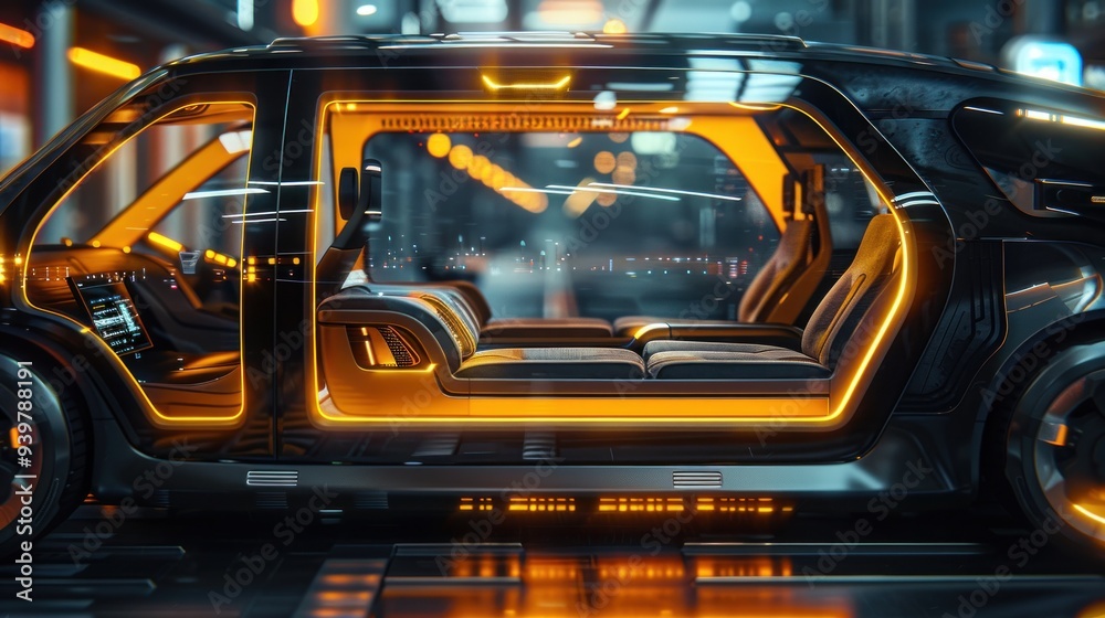 Fototapeta premium A futuristic taxi interior with modular seating, interactive touchscreens, and transparent OLED panels, highlighted by yellow ambient lighting.