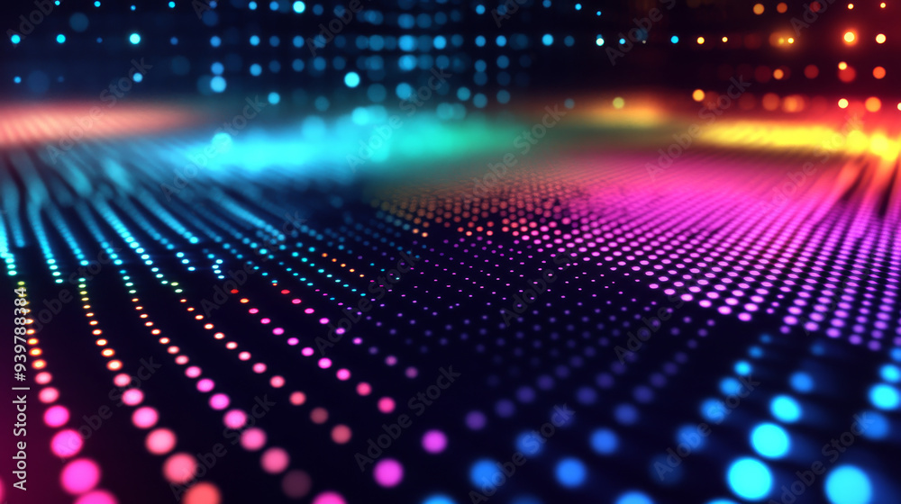 Colorful dots move quickly on a digital grid. This abstract background shows hi-tech design with a mix of colors and technology. Data flows across the screen Colorful dots move quickly on a digital grid. This abstract background shows hi-tech design with a mix of colors and technology. Data flows across the screen