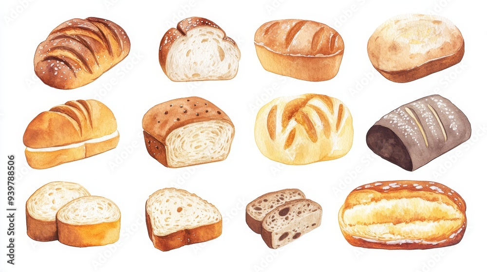 Bread collection. White background. Watercolor illustrations set Bread collection. White background. Watercolor illustrations set