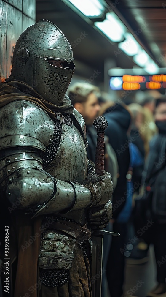 A man in a suit of armor stands in a subway station. He is holding a sword and he is waiting for a train. The scene is set in a busy subway station with many people around him A man in a suit of armor stands in a subway station. He is holding a sword and he is waiting for a train. The scene is set in a busy subway station with many people around him