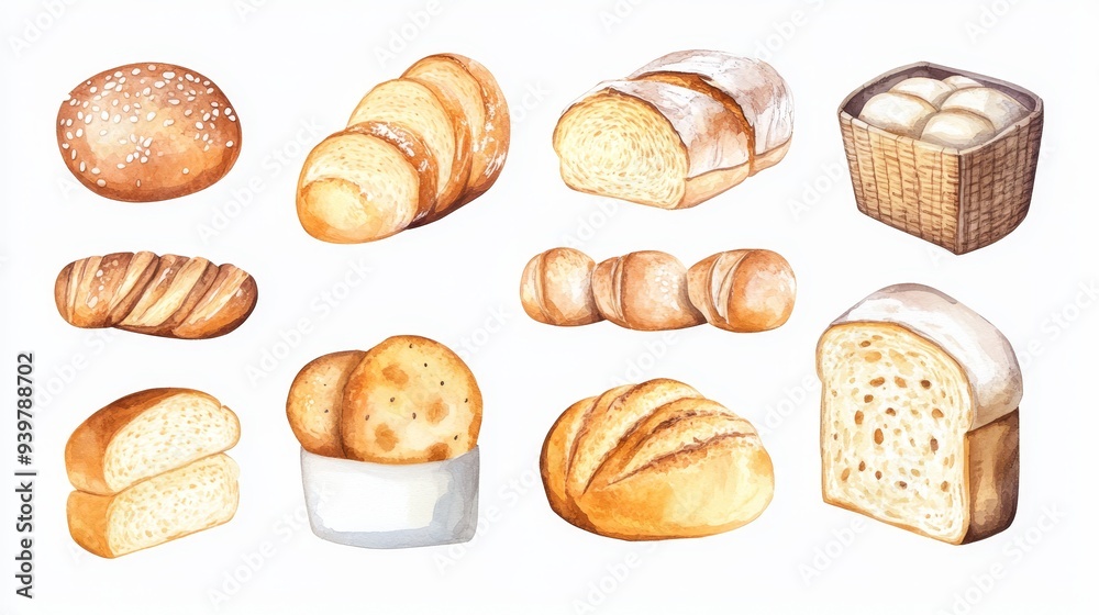 Bread collection. White background. Watercolor illustrations set
