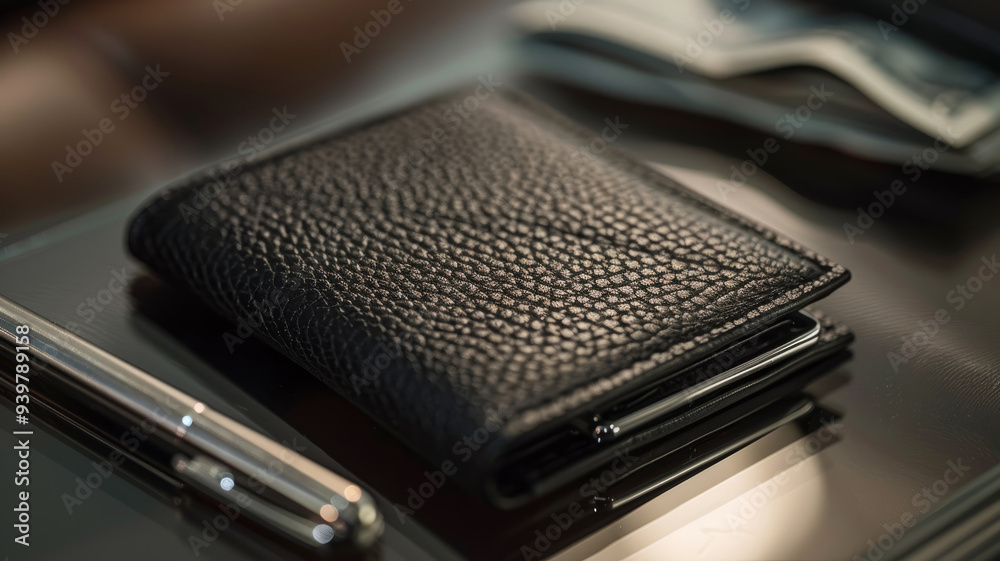 Black leather wallet on table with pen and cash Black leather wallet on table with pen and cash