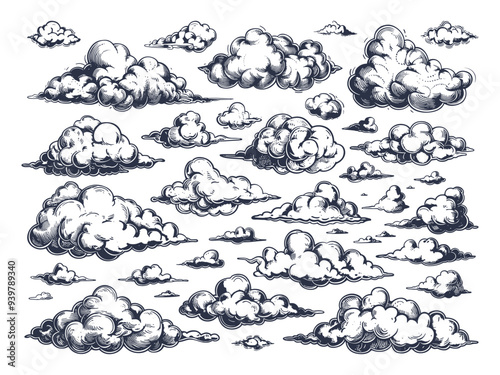 Clouds Icons Set Various Shapes Simple Line Art Engraving Style Vintage Design White Background Fluffy Cumulus Cirrus Stratus Nimbus Weather Symbols Hand-drawn Illustrations