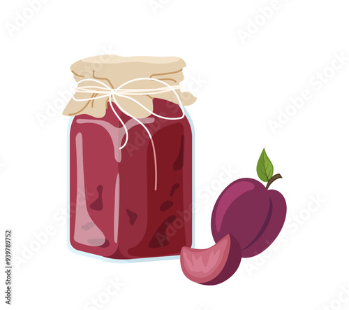 Plum jam in glass jar bottle with fresh crop of tasty sweet fruits cartoon vector illustration