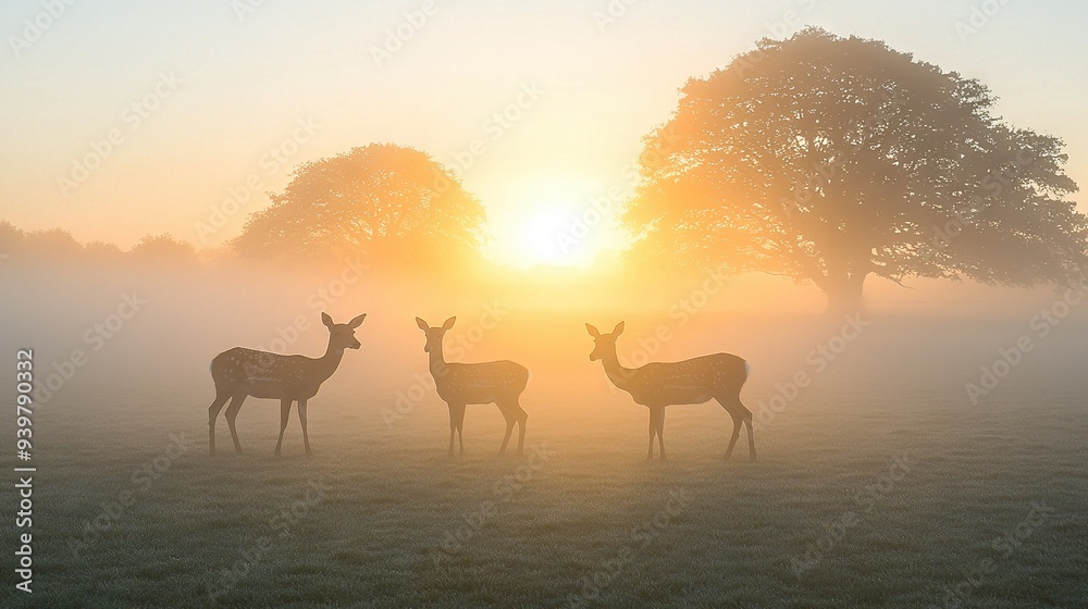 A foggy field, illuminated by the distant sun, hosts a group of deer standing side-by-side A foggy field, illuminated by the distant sun, hosts a group of deer standing side-by-side