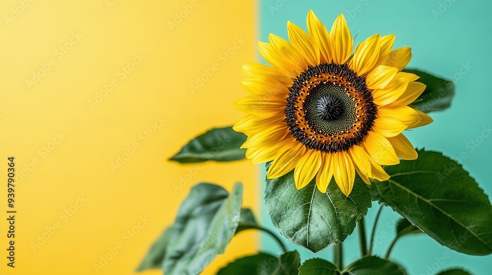 Obraz premium A sunflower in focus against a yellow-blue backdrop with a green foreground foliage